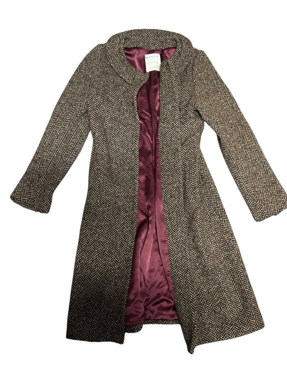 Wyeth by Todd Magill Brown Herringbone Trench Coat with Plum Lining- Sz S